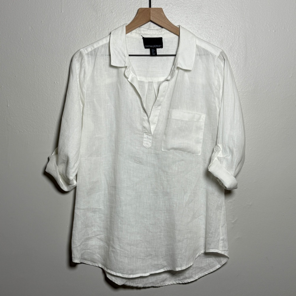 Cynthia Rowley Womens Linen Shirt S White Popover Neutrals Vacation Resort